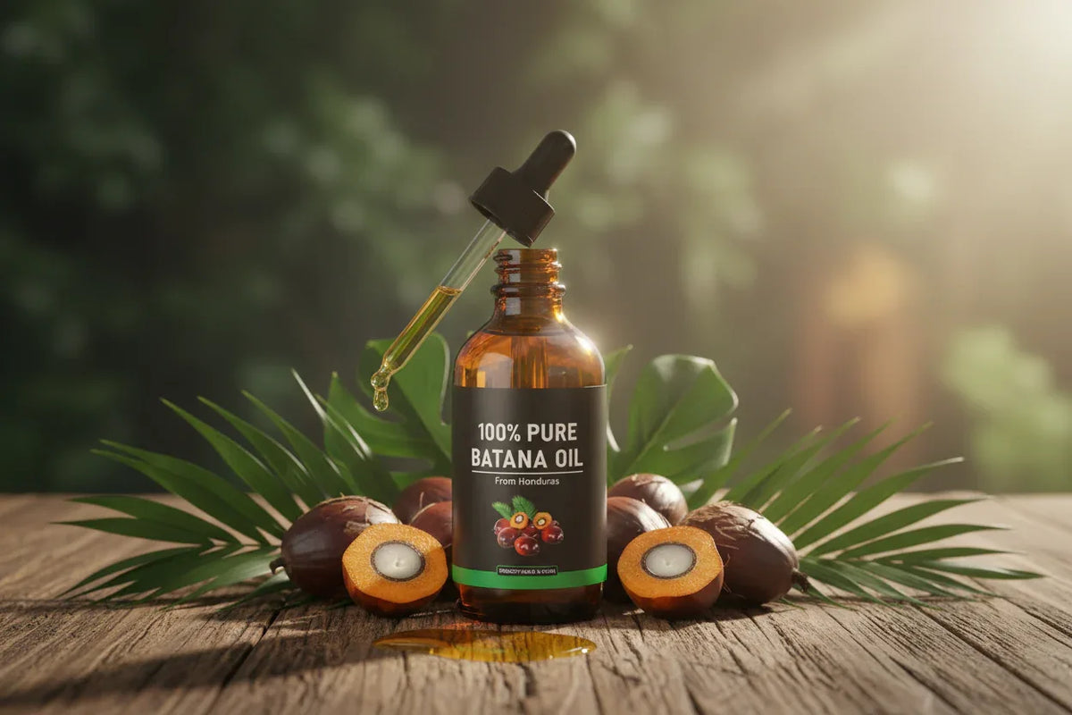 100% pure batana oil from Honduras in amber bottle with dropper, surrounded by fresh batana fruits and tropical leaves